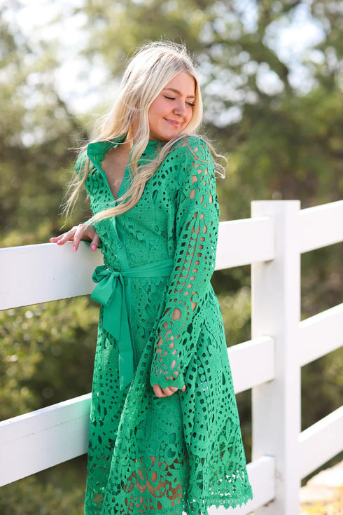 Runway Fashion Exquisite Hollow Out Crochet Lace, Stand Collar, Belted Party, Cocktail, Festive Midi Dress (Green)