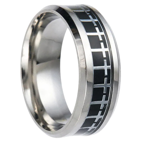 Steel Beveled Edge Black Cross Pattern Comfort-Fit 8mm Titanium Wedding Band