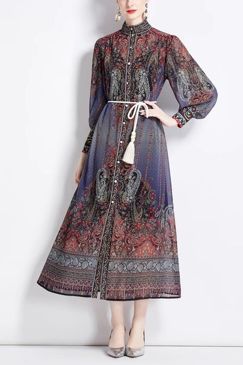 Eye-Catching French Court Style Elegant Floral Printed Dress with Puff Sleeve Party, Wedding Guest, Festive Long Maxi Dress