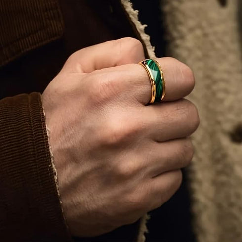 Gold Fabricated Malachite Inlay Comfort-Fit 8mm Titanium Wedding Band