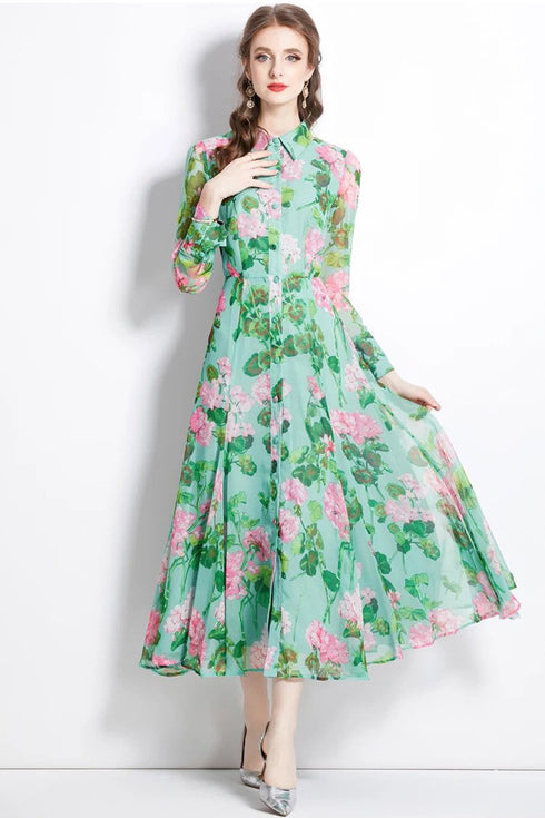 Vintage Green Alluring Floral Printed, Collared, Long Sleeve, Big Swing, Pleated Office, Party, Evening Maxi Dress