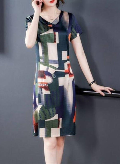 Jazzy Elegant Geometric Design V-Neck Short Sleeve A-Line Casual & Office Midi Dress