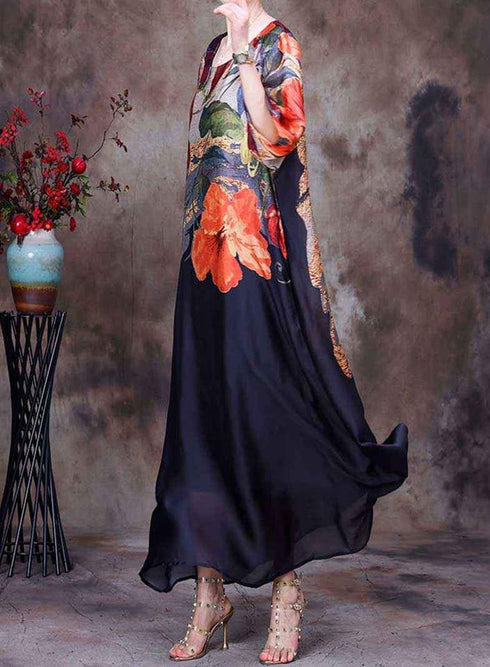 The Lazy Song Silk Floral Printed Maxi Dress, A-Line, Large Hem, Round Neck Casual & Evening Dress