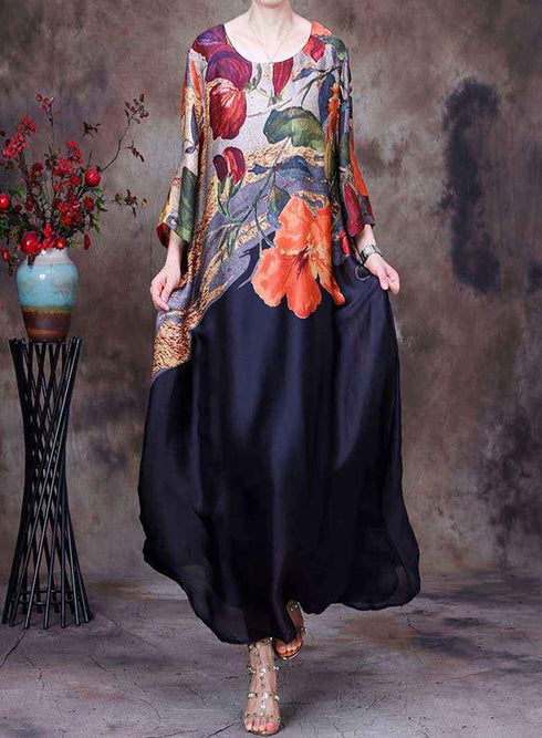 The Lazy Song Silk Floral Printed Maxi Dress, A-Line, Large Hem, Round Neck Casual & Evening Dress