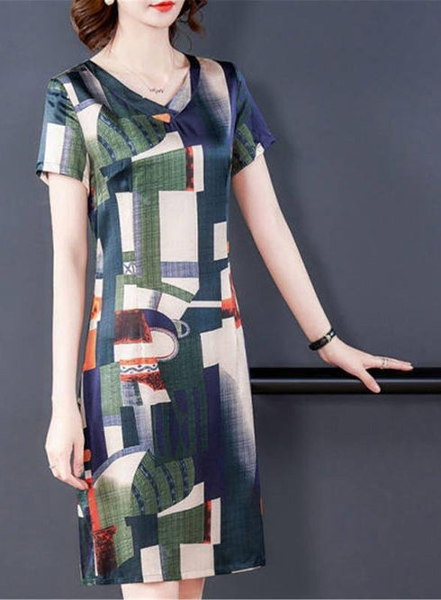 Jazzy Elegant Geometric Design V-Neck Short Sleeve A-Line Casual & Office Midi Dress