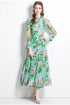 Vintage Green Alluring Floral Printed, Collared, Long Sleeve, Big Swing, Pleated Office, Party, Evening Maxi Dress