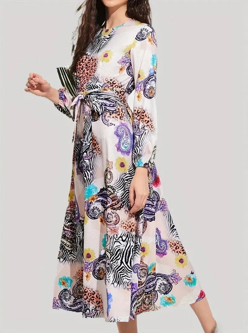 Elegant Leopard Print Belted Maxi Dress, Long Sleeve & Crew Neck Dress