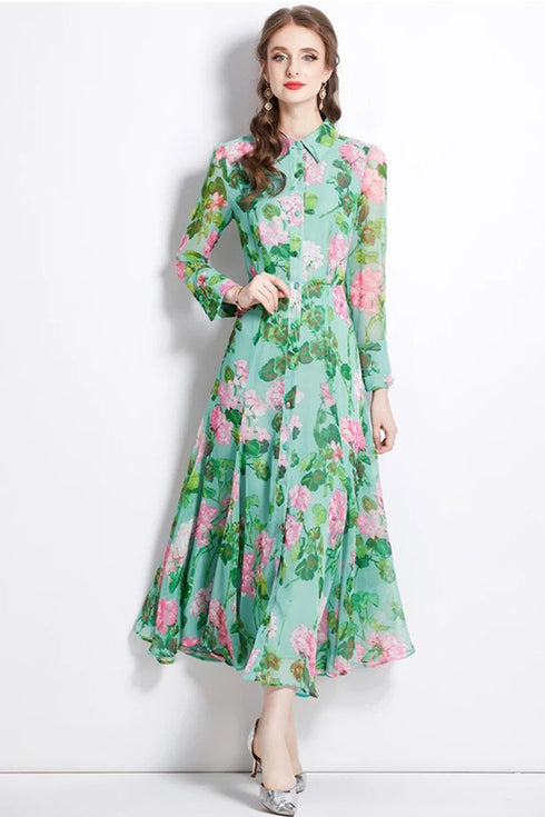 Vintage Green Alluring Floral Printed, Collared, Long Sleeve, Big Swing, Pleated Office, Party, Evening Maxi Dress