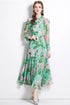 Vintage Green Alluring Floral Printed, Collared, Long Sleeve, Big Swing, Pleated Office, Party, Evening Maxi Dress