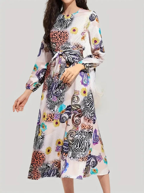Elegant Leopard Print Belted Maxi Dress, Long Sleeve & Crew Neck Dress