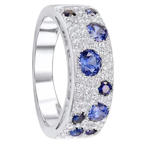 Classic Micro Pave Blue Cubic Zirconia 14K White Gold Plated Ring for Women