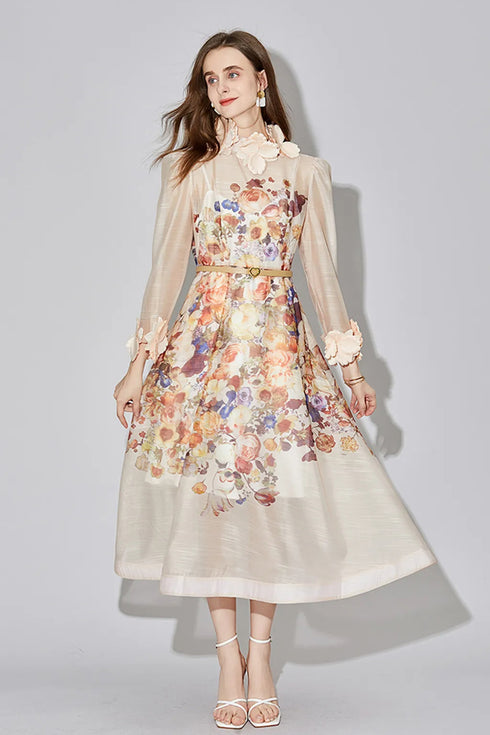 Divine Beauty Runway Fashion Silk Floral Print, Exquisite Lace Neck, Long Sleeve, A-Line Party, Prom, Wedding Guest Renaissance Dress (Apricot)