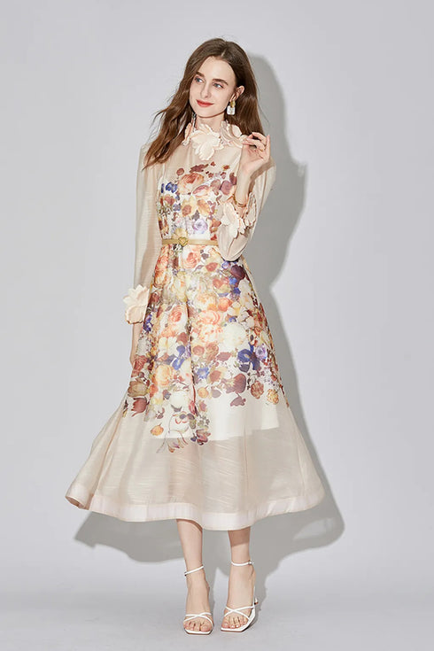 Divine Beauty Runway Fashion Silk Floral Print, Exquisite Lace Neck, Long Sleeve, A-Line Party, Prom, Wedding Guest Renaissance Dress (Apricot)