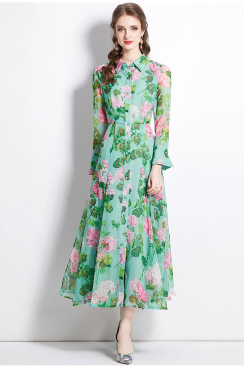 Vintage Green Alluring Floral Printed, Collared, Long Sleeve, Big Swing, Pleated Office, Party, Evening Maxi Dress