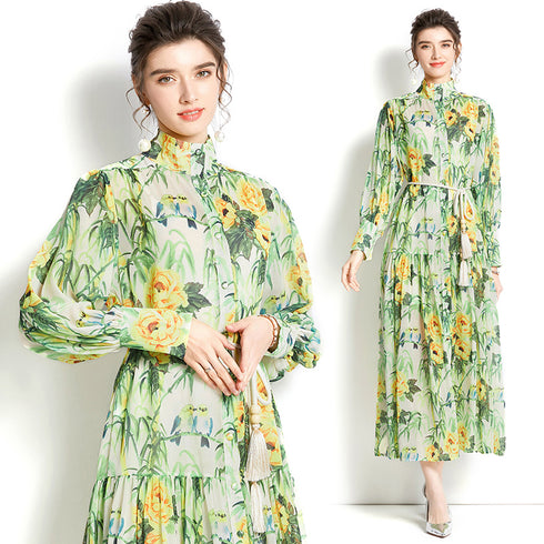 Elegant Floral Print Long Party Maxi Dress For Women, Mock Neck, Lantern Sleeve Renaissance Formal and Evening Vestidos