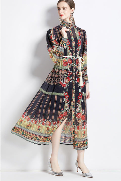 Gorgeous & Alluring Floral Print, Stand Collar, Long Lantern Sleeve Party, Festival, Wedding Guest Vintage Maxi Dress