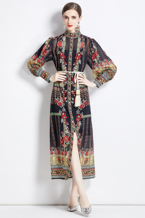 Gorgeous & Alluring Floral Print, Stand Collar, Long Lantern Sleeve Party, Festival, Wedding Guest Vintage Maxi Dress