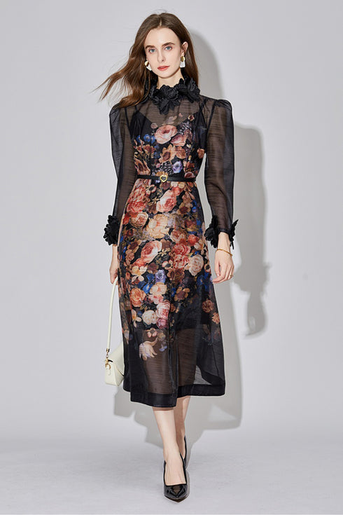 Breathtaking Beauty Runway Fashion Silk Floral Print, Exquisite Lace Neck, Long Sleeve, A-Line Cocktail, Party, Prom, Festival, Wedding Guest Renaissance Dress (Black)