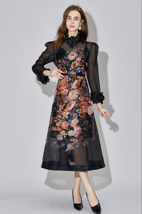 Breathtaking Beauty Runway Fashion Silk Floral Print, Exquisite Lace Neck, Long Sleeve, A-Line Cocktail, Party, Prom, Festival, Wedding Guest Renaissance Dress (Black)