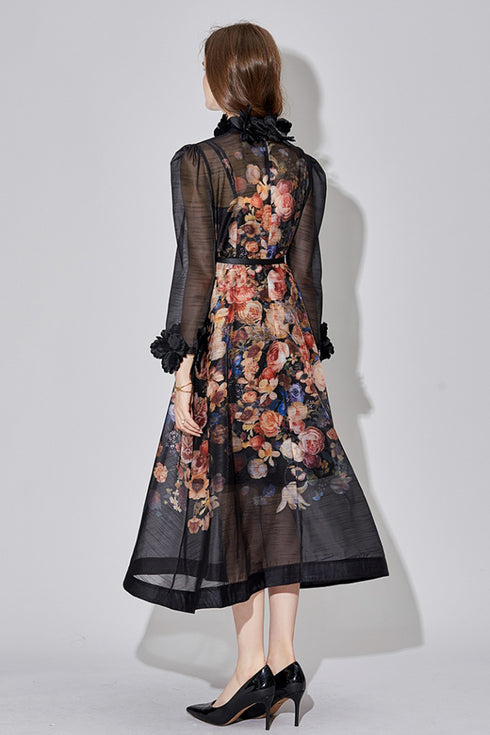 Breathtaking Beauty Runway Fashion Silk Floral Print, Exquisite Lace Neck, Long Sleeve, A-Line Cocktail, Party, Prom, Festival, Wedding Guest Renaissance Dress (Black)