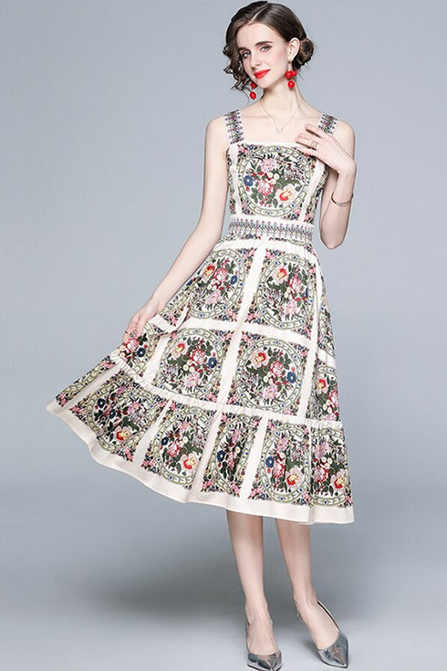 French Style Runway Fashion Alluring Floral Print Renaissance Party, Cocktail, Holiday's Spaghetti Strap Midi Dress