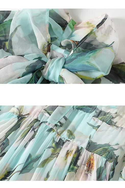 Runway Fashion Enchanting Chiffon Floral Print, Bow Neck Gorgeous Flowy Party, Cocktail, Wedding Guest Maxi Dress