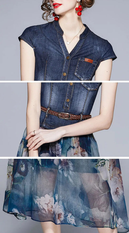 Charming & Vivid High Quality Women Autumn Dress, 2-Piece Set, Belted Denim Top + Chiffon Floral Skirt, Trendy Office & Evening Wear