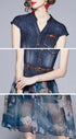 Charming & Vivid High Quality Women Autumn Dress, 2-Piece Set, Belted Denim Top + Chiffon Floral Skirt, Trendy Office & Evening Wear