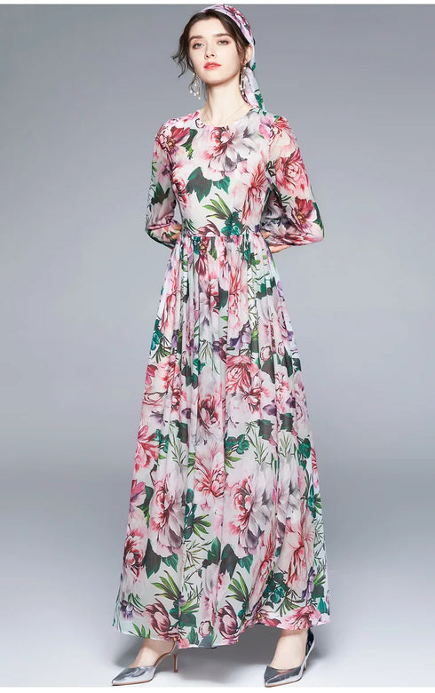 Luxury Designer Enchanting Floral Chiffon Vintage Long Sleeves Holiday, Party, Cocktail Floor Length Maxi Dress