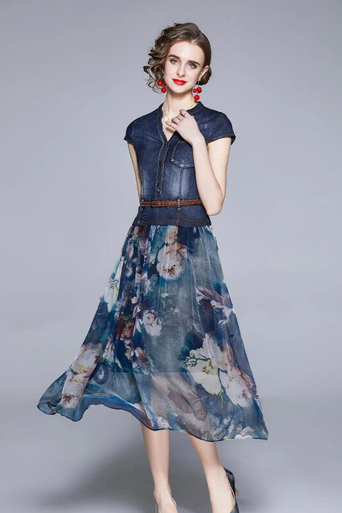 Charming & Vivid High Quality Women Autumn Dress, 2-Piece Set, Belted Denim Top + Chiffon Floral Skirt, Trendy Office & Evening Wear