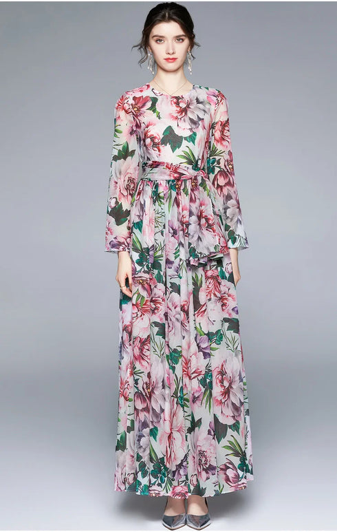 Luxury Designer Enchanting Floral Chiffon Vintage Long Sleeves Holiday, Party, Cocktail Floor Length Maxi Dress