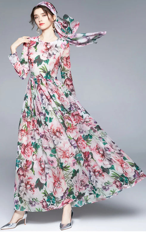 Luxury Designer Enchanting Floral Chiffon Vintage Long Sleeves Holiday, Party, Cocktail Floor Length Maxi Dress