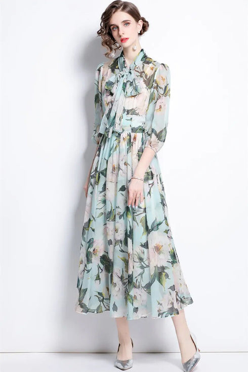 Runway Fashion Enchanting Chiffon Floral Print, Bow Neck Gorgeous Flowy Party, Cocktail, Wedding Guest Maxi Dress