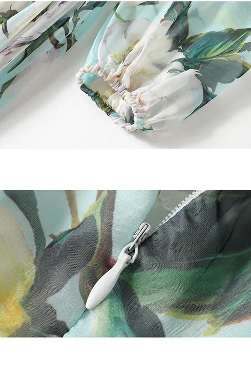 Runway Fashion Enchanting Chiffon Floral Print, Bow Neck Gorgeous Flowy Party, Cocktail, Wedding Guest Maxi Dress