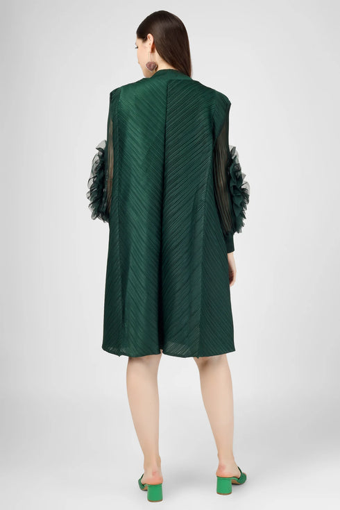 Runway Fashion Drop-Dead Gorgeous Petal Ruffled Sleeve, Mock Neck, Pleated Party, Festive Vintage Women's Dress