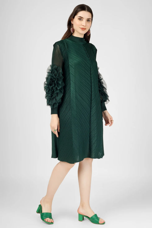 Runway Fashion Drop-Dead Gorgeous Petal Ruffled Sleeve, Mock Neck, Pleated Party, Festive Vintage Women's Dress