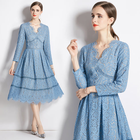Runway Fashion Autumn Elegant Lace Midi Dress, V-Neck, Long Sleeve, Cocktail, Party, Office & Eveningwear