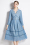 Runway Fashion Autumn Elegant Lace Midi Dress, V-Neck, Long Sleeve, Cocktail, Party, Office & Eveningwear
