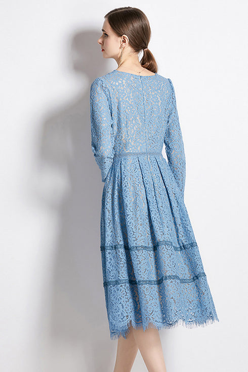Runway Fashion Autumn Elegant Lace Midi Dress, V-Neck, Long Sleeve, Cocktail, Party, Office & Eveningwear