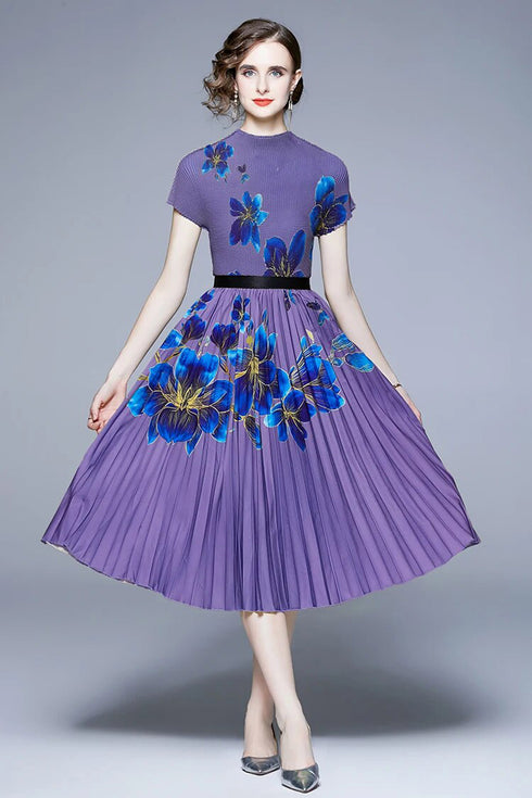 Ablaze & Vivid Autumn Fashion Purple Floral 2- Pcs Set, Top + Pleated Skirt, Stretchable Fabric, O-Neck, Short Sleeve Vintage Office, Holiday, Evening Women Dress