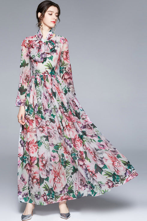 Luxury Designer Enchanting Floral Chiffon Vintage Long Sleeves Holiday, Party, Cocktail Floor Length Maxi Dress