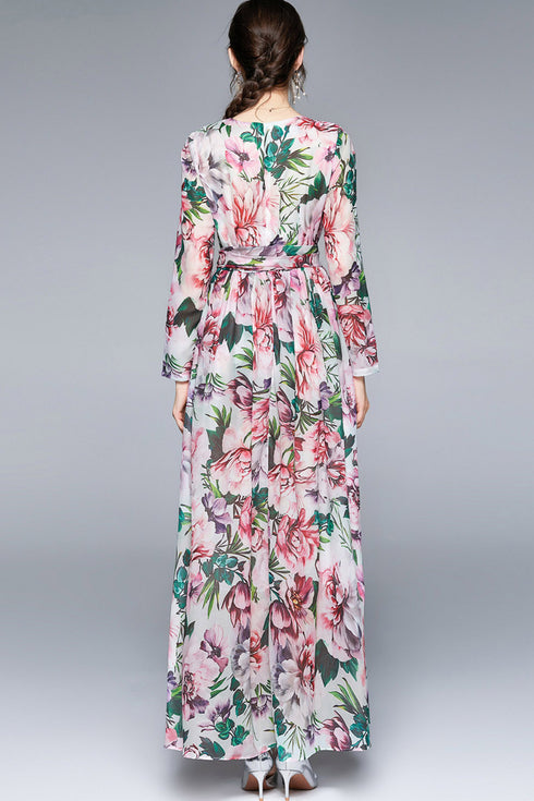 Luxury Designer Enchanting Floral Chiffon Vintage Long Sleeves Holiday, Party, Cocktail Floor Length Maxi Dress