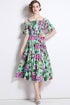 Runway Fashion Alluring Green Bellflower Print, Slash Neck, Elastic Waist, Ruffled Cocktail, Party Midi Dress