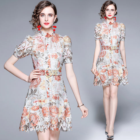 Out Of This World Exquisite Hollow Out Lace Floral Stand Collar, Belted Office, Cocktail, Party, Festive Dress