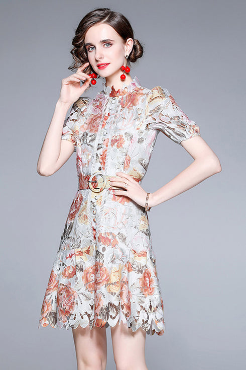 Out Of This World Exquisite Hollow Out Lace Floral Stand Collar, Belted Office, Cocktail, Party, Festive Dress