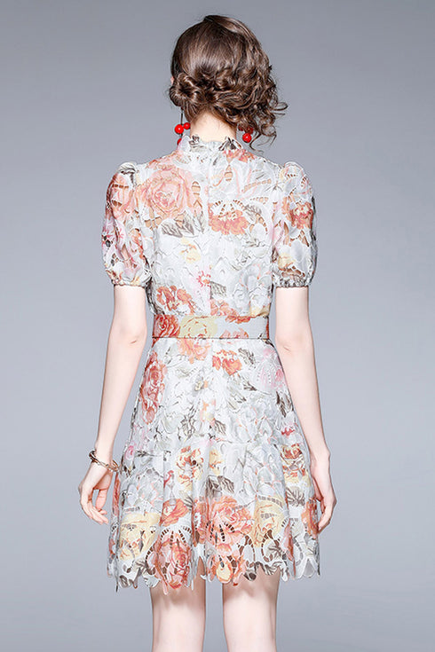 Out Of This World Exquisite Hollow Out Lace Floral Stand Collar, Belted Office, Cocktail, Party, Festive Dress