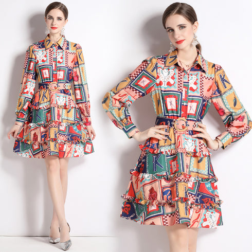 Vintage French Style Graphic Print, Collared, Long Sleeve Trendy Vestido Dress