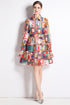 Vintage French Style Graphic Print, Collared, Long Sleeve Trendy Vestido Dress