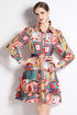 Vintage French Style Graphic Print, Collared, Long Sleeve Trendy Vestido Dress