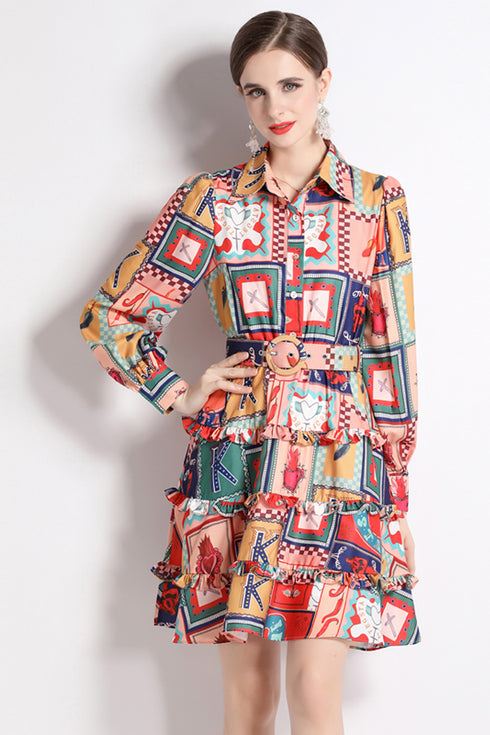 Vintage French Style Graphic Print, Collared, Long Sleeve Trendy Vestido Dress